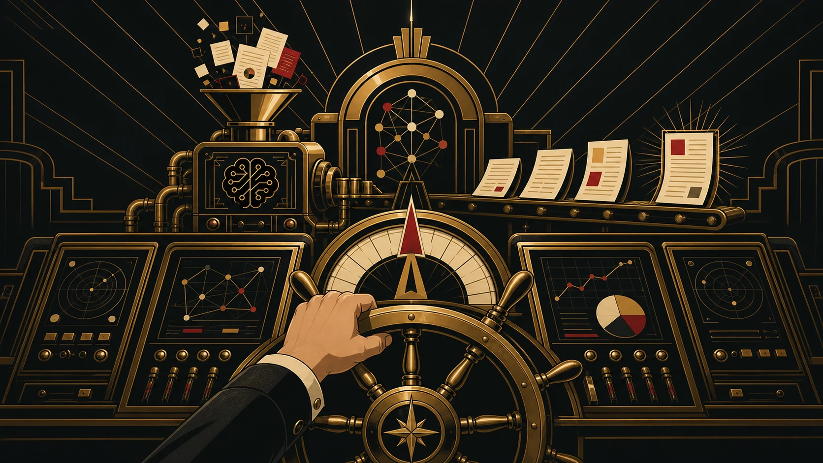 Art Deco AI-assisted client-work instrument with a human hand steering the final direction