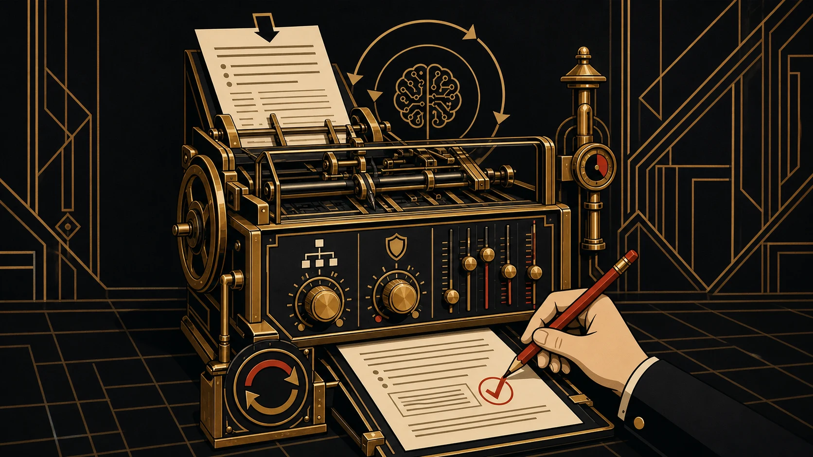 Art Deco writing machine with prompt dials and a human approval pencil