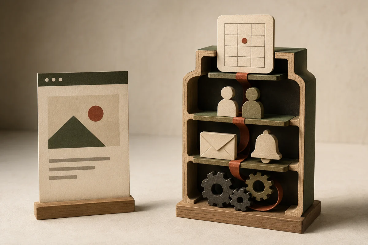 A calendar above connected layers of people, notifications and mechanisms, beside a simple webpage model.