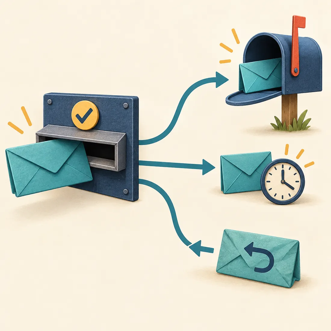 An accepted outgoing message branches towards delivery, a delay and a return.