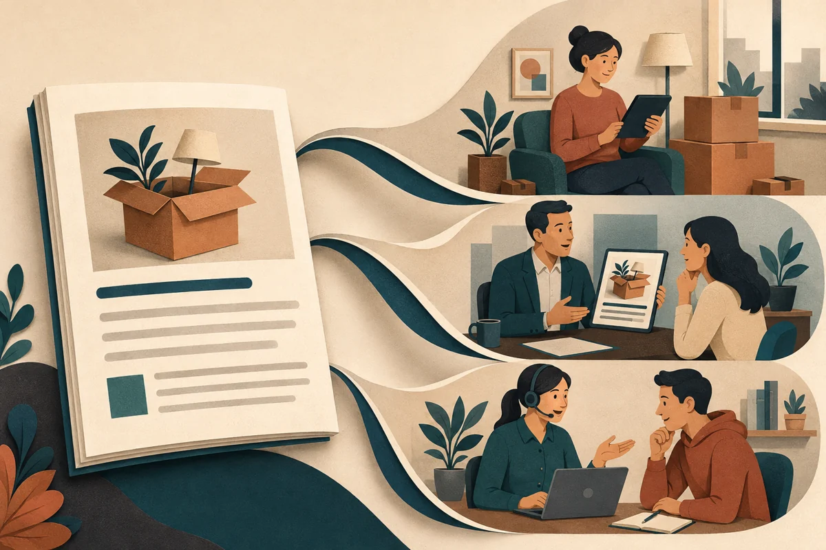 Conceptual illustration of one moving guide used by a customer, a sales adviser and a support adviser.