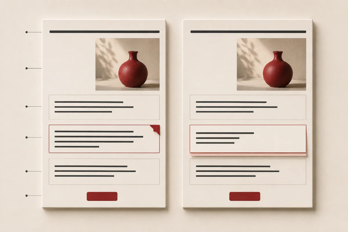 placeholder1280x720 Two matching page structures show one paragraph changing while the heading, image, other paragraphs, and button keep their positions.
