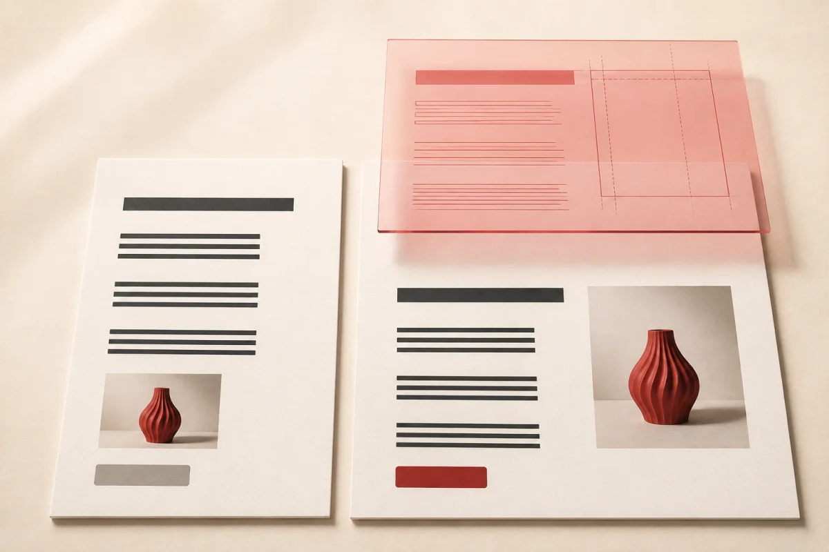 The same page content appears in a plain layout and a styled layout, with a separate translucent styling layer.