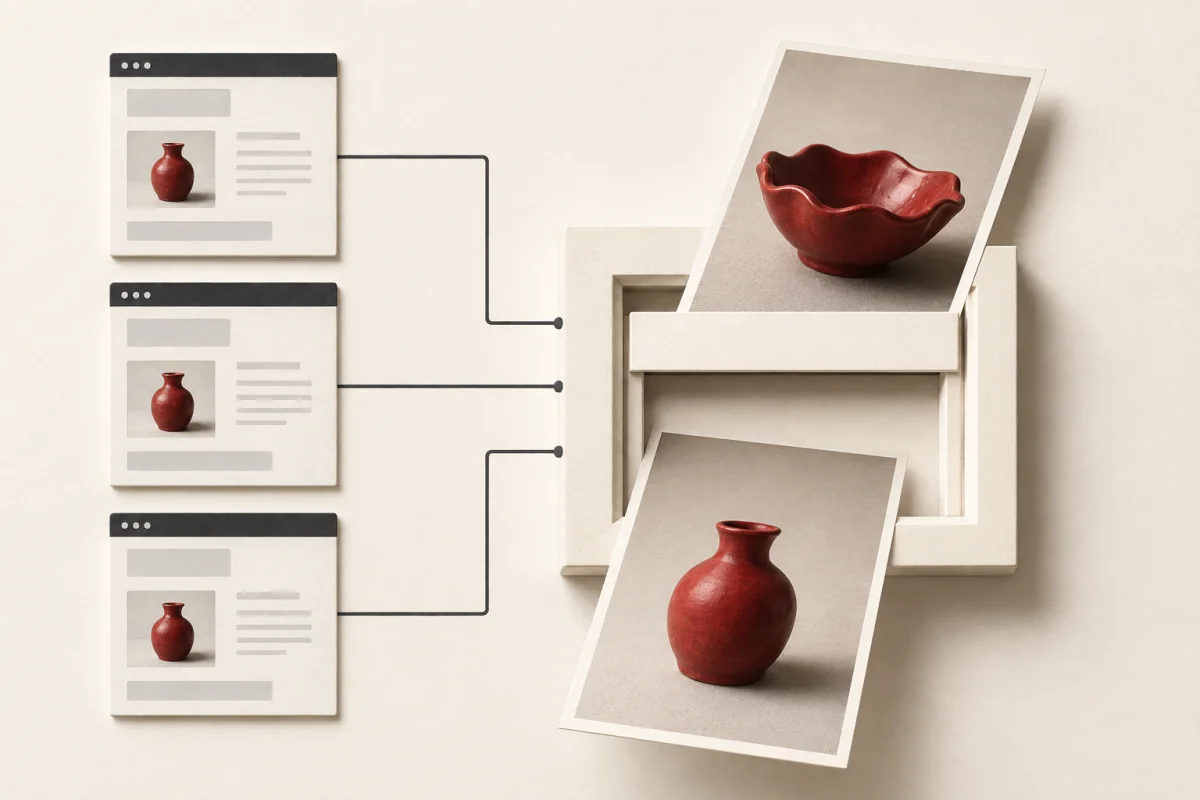 Three web pages stay connected to one attachment while its photograph is replaced.