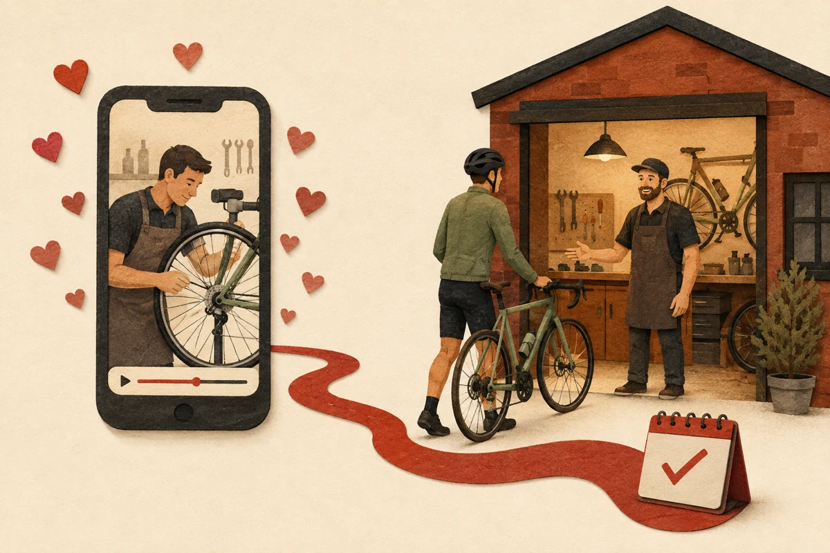 An illustrated path leads from reactions to a bicycle repair video to a cyclist visiting a workshop and a confirmed booking.