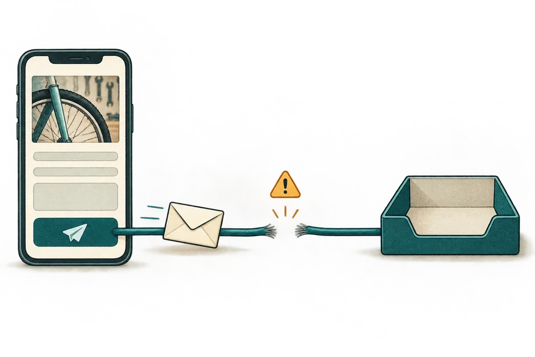 An enquiry leaves a bicycle workshop’s web page but stops at a broken connection before reaching the empty inbox.