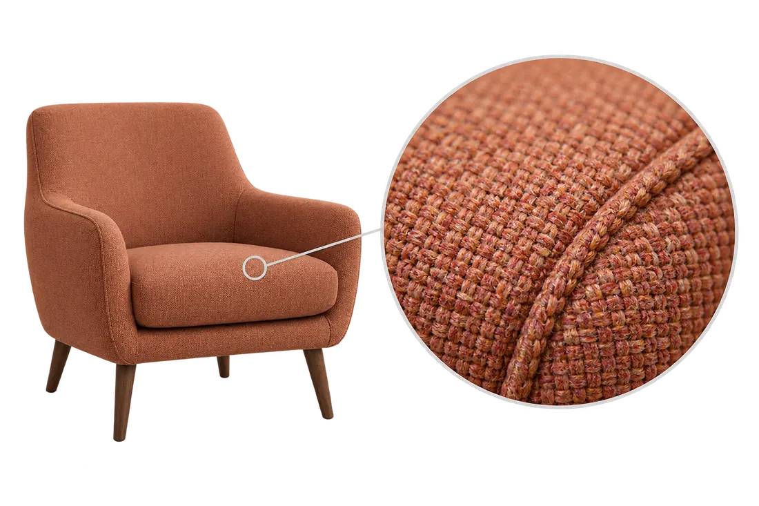 Uma poltrona junto a uma ampliação do tecido e de uma costura.
