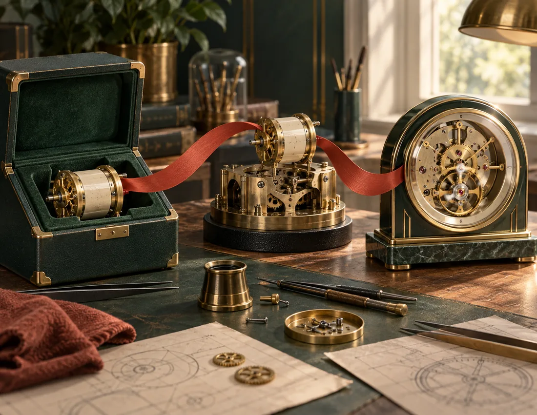 Một bộ phận cơ khí được lưu giữ dùng để lắp lại chiếc đồng hồ hoạt động, minh họa việc khôi phục đã kiểm thử