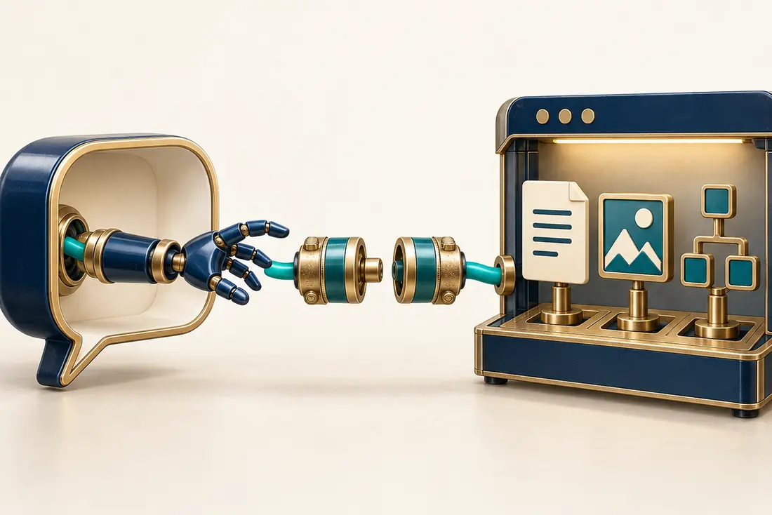 A robot hand in a speech bubble faces a coupling connected to a page, an image and a navigation tree.