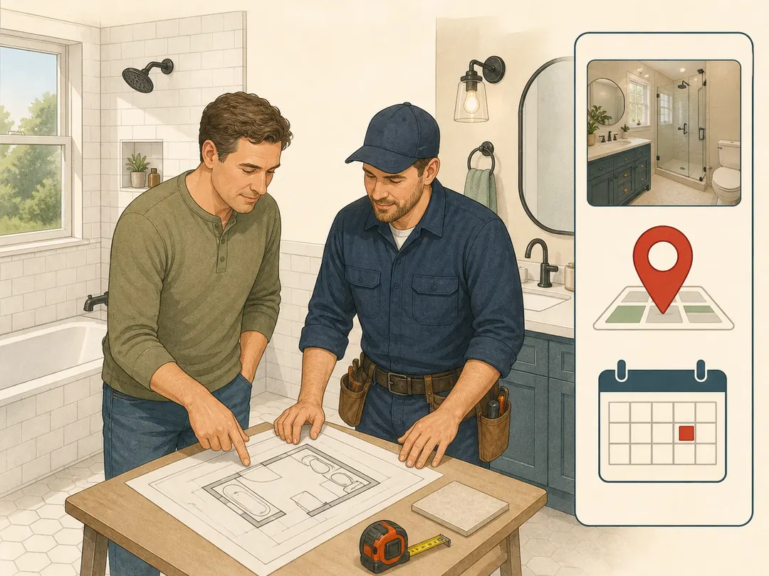 Illustration: a homeowner and plumber review a bathroom plan, with examples, a location and an assessment date.