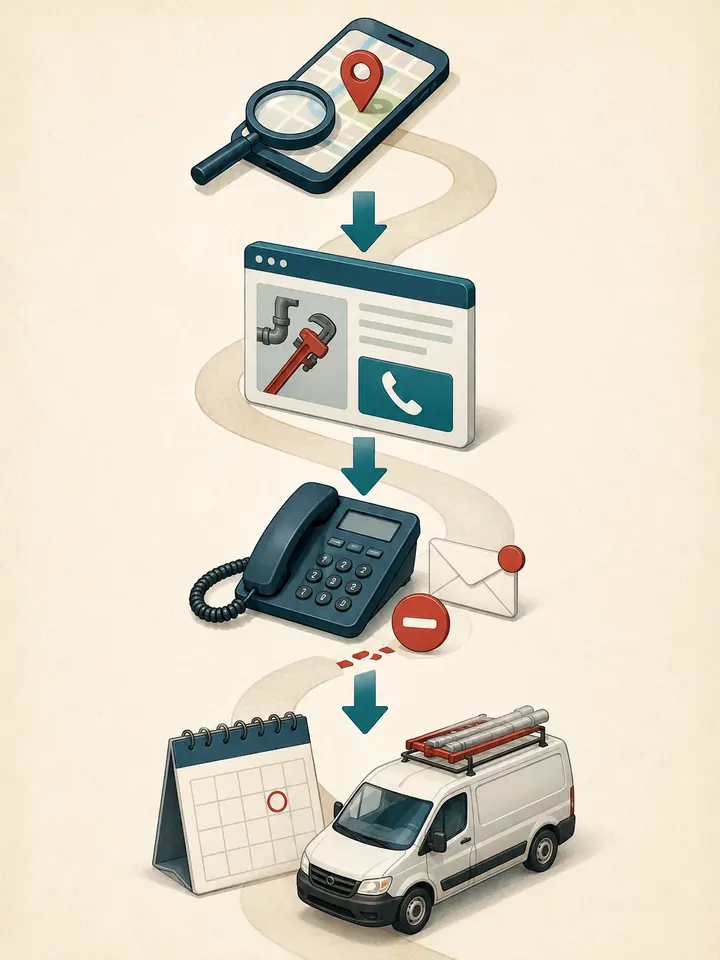 Illustrated sequence: local search, service page, call or message, then an agreed job. An unanswered enquiry interrupts the route.