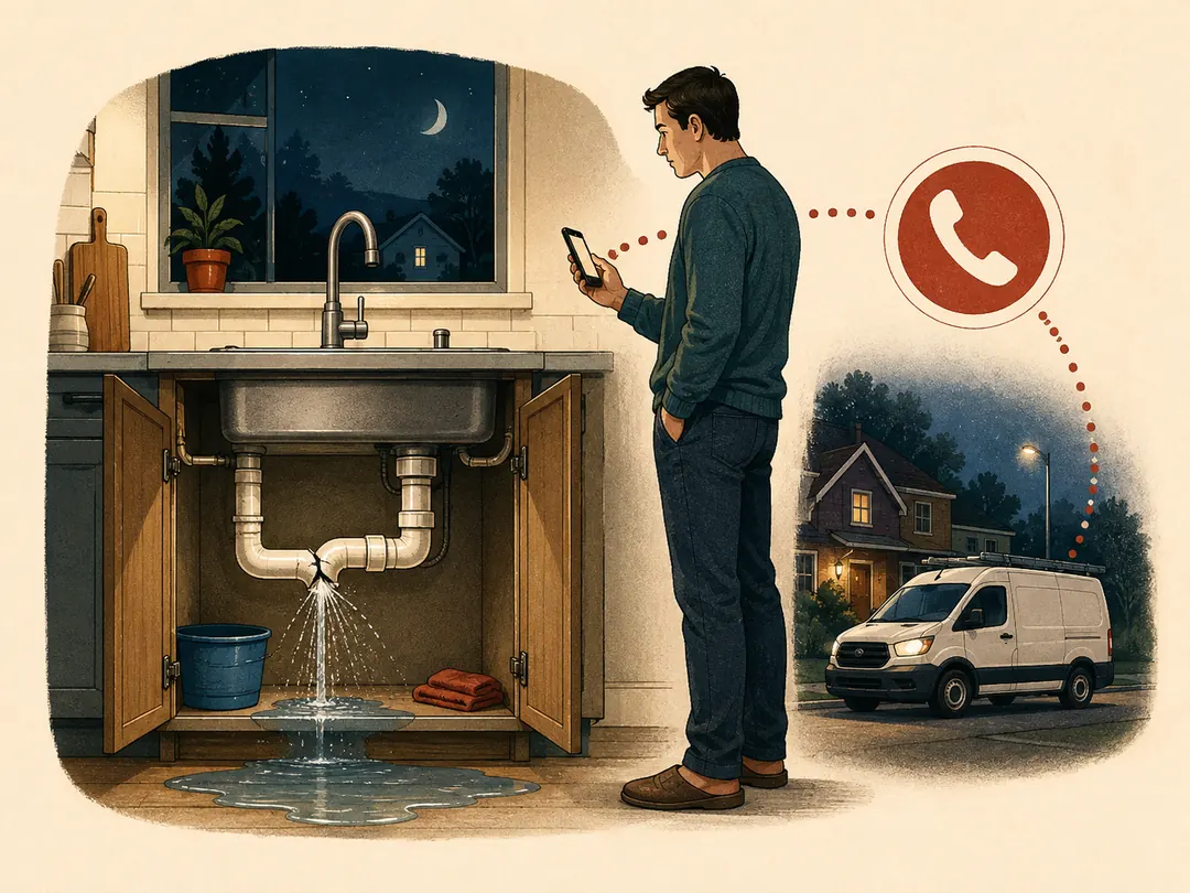 Illustration: a leaking kitchen pipe leads a homeowner to call a nearby plumber.