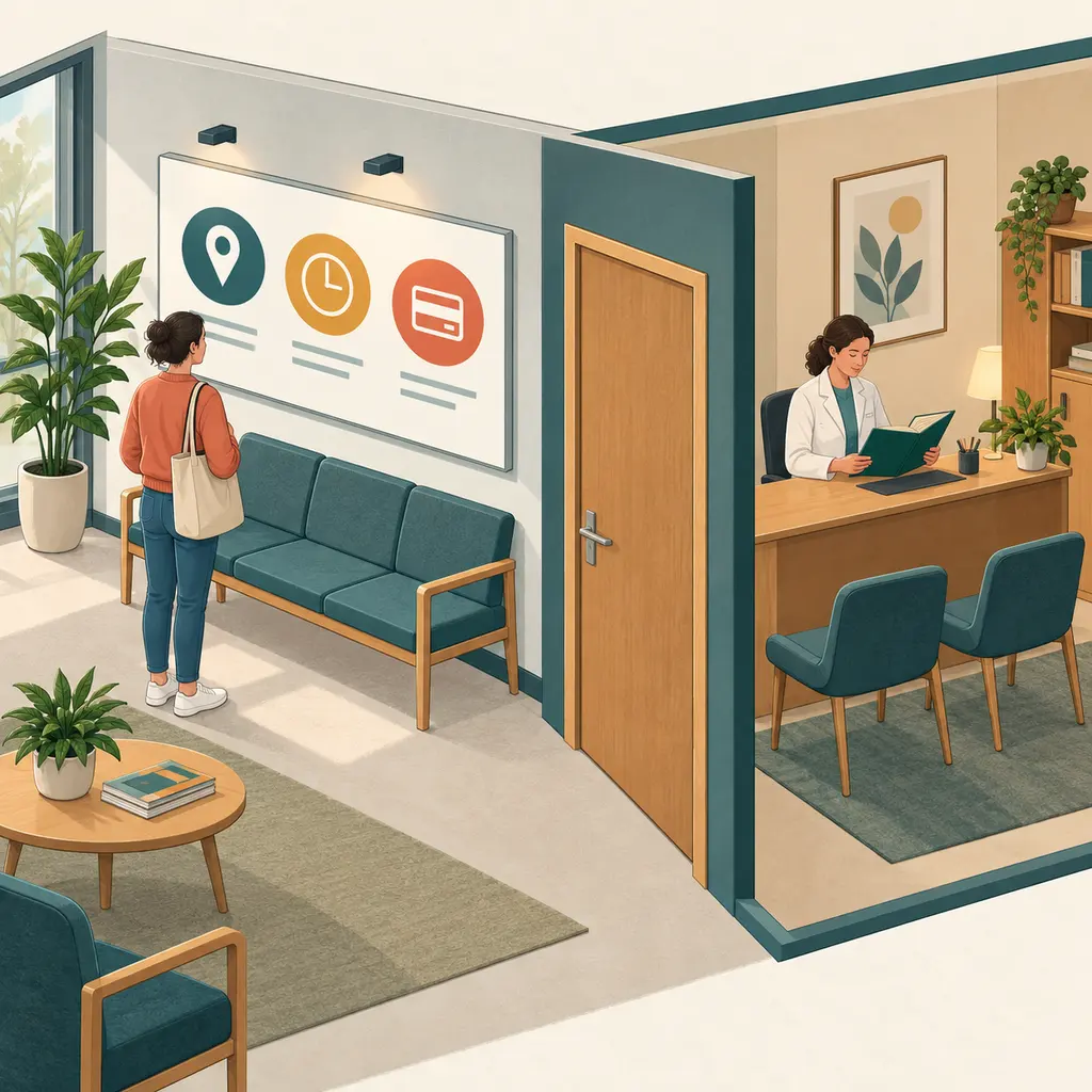 Illustration en coupe : une personne consulte des renseignements pratiques à l'accueil, tandis qu'un professionnel lit un dossier dans une pièce séparée.