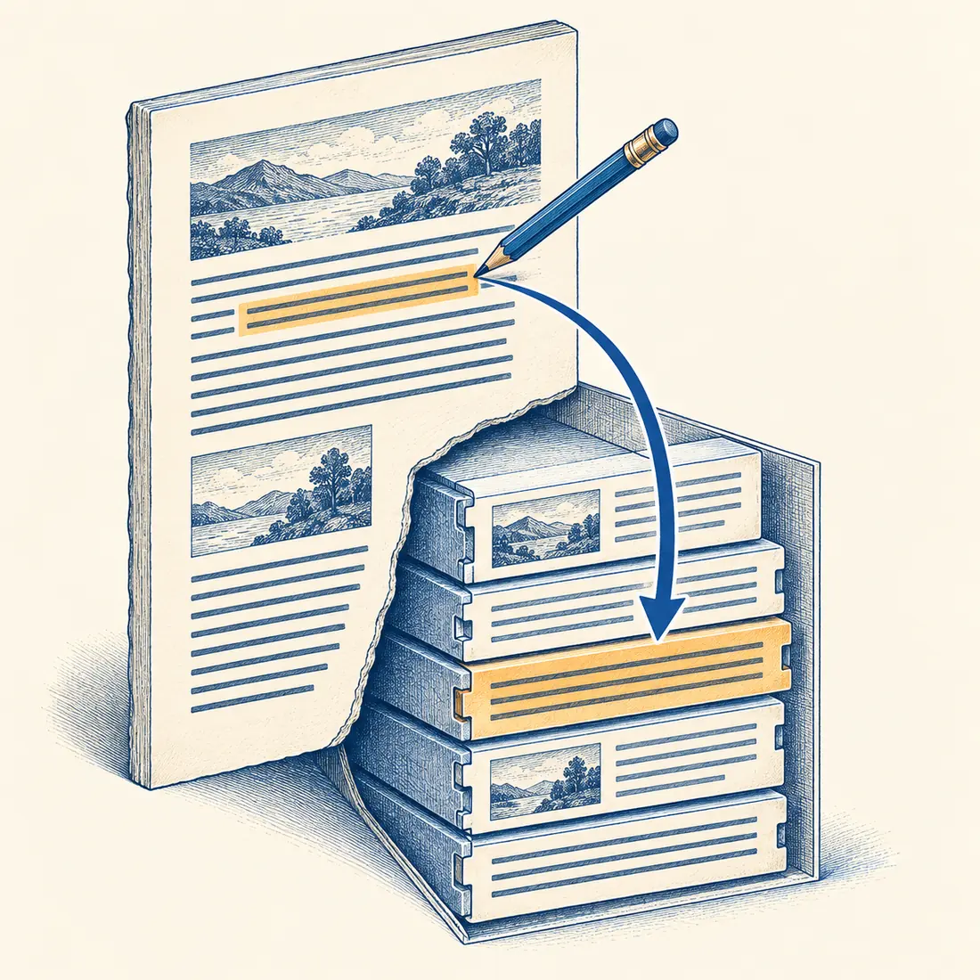 A highlighted sentence on a page connects to the matching saved block beneath it.