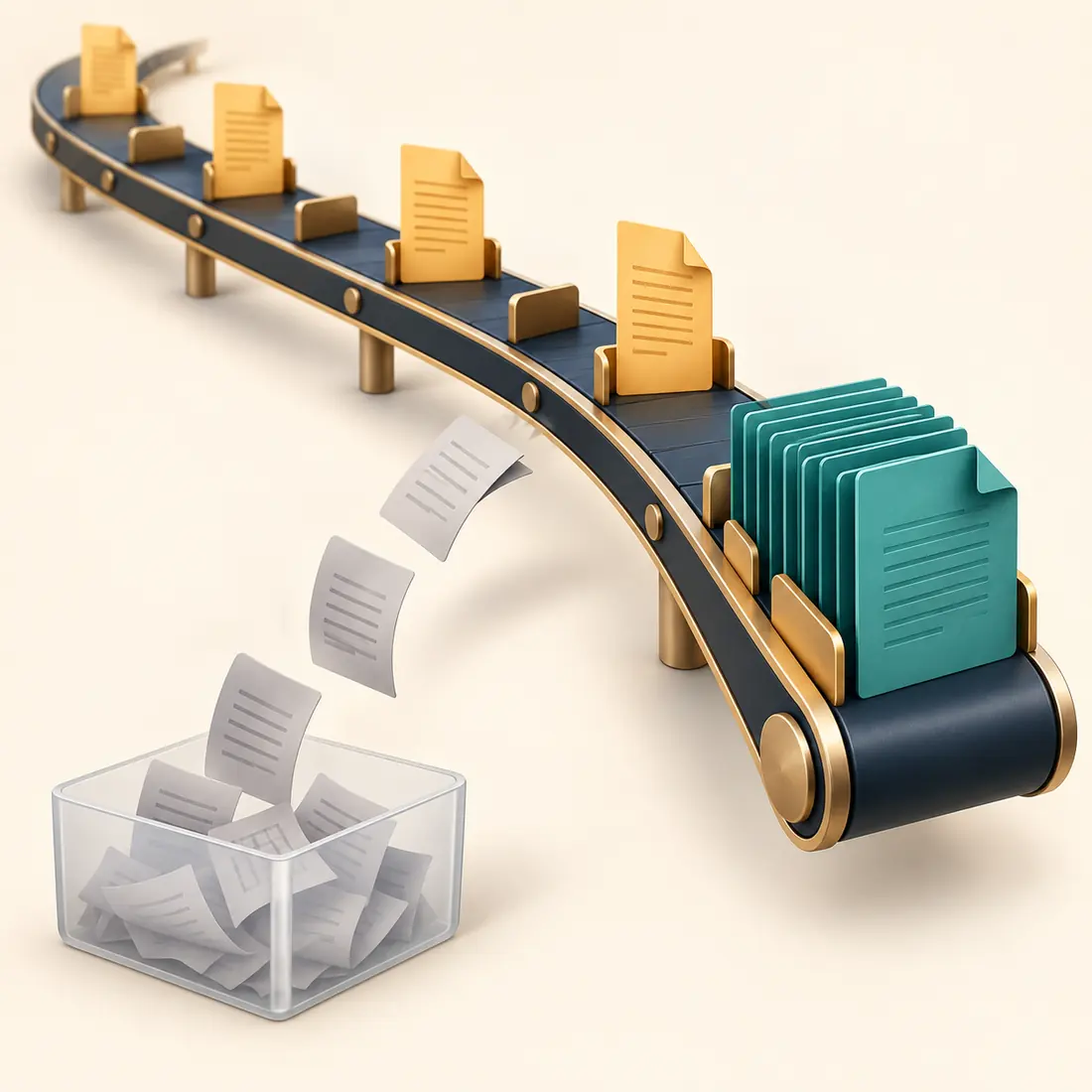 Concept illustration: recent document versions grouped together, older versions spaced apart, and unselected copies removed
