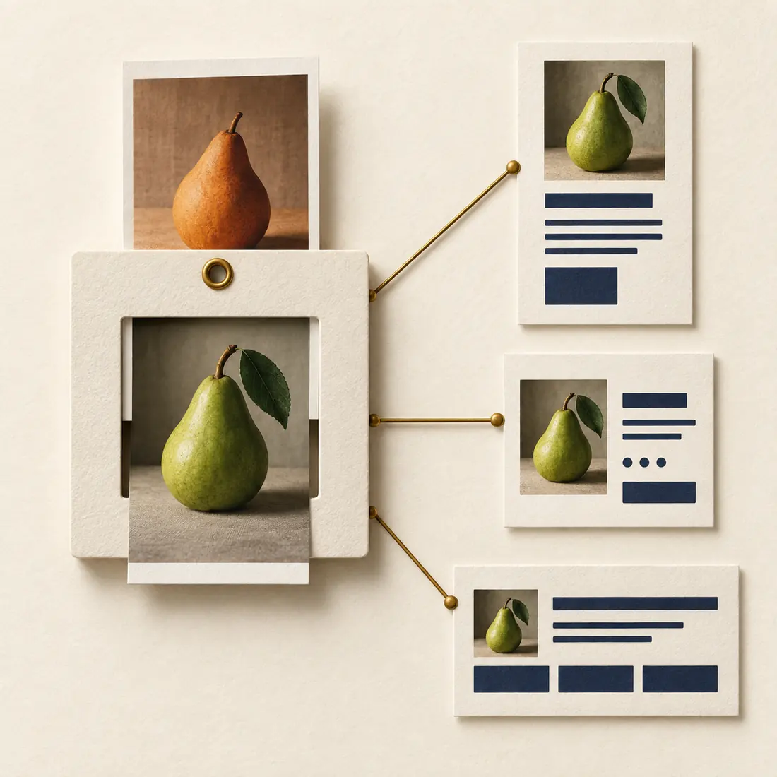A photo changes inside one fixed mount connected to three page layouts, showing one shared attachment and several uses.