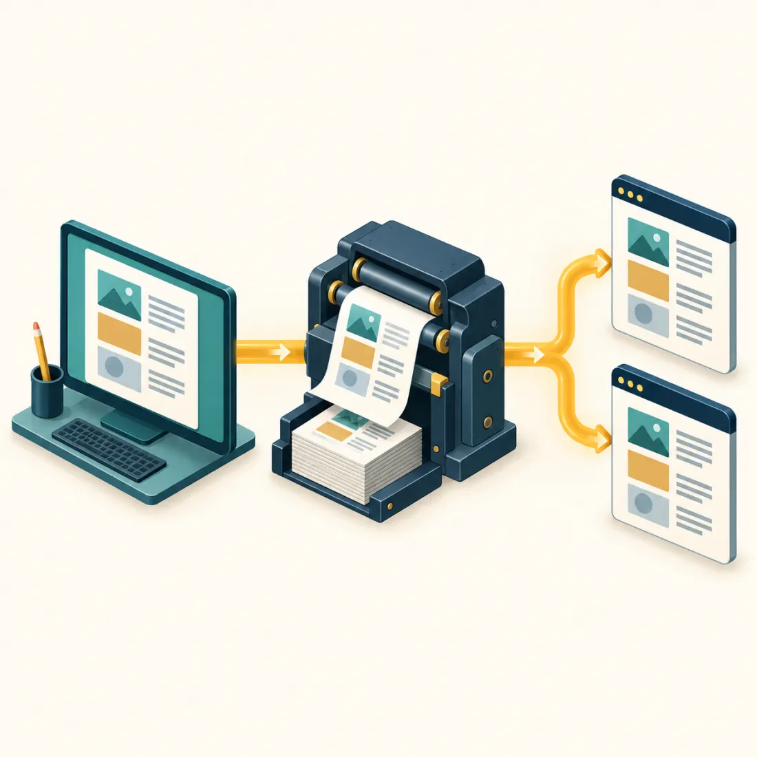 Static Publication: edit in WordPress, publish a static site 2 Illustration: an edited page becomes completed copies for public browsers.