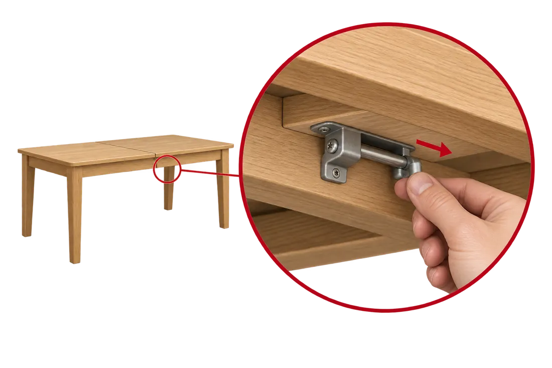 Uma mesa de carvalho com um pormenor ampliado de uma mão a mover o fecho sob o tampo.