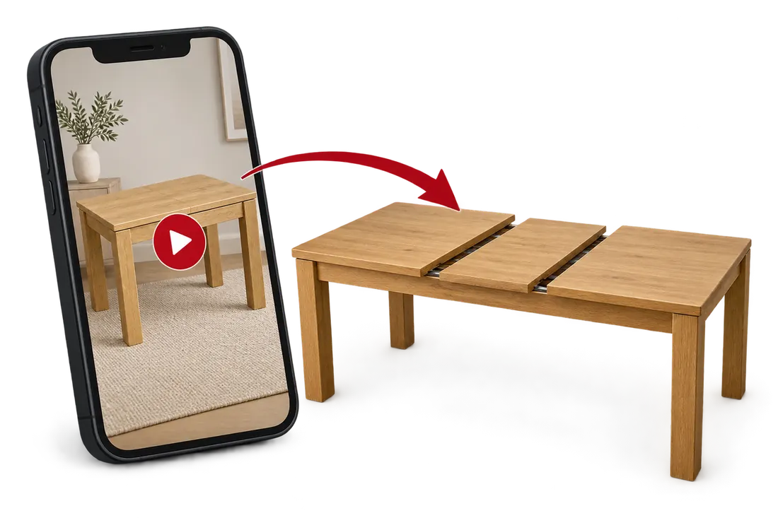 A pré-visualização de uma mesa de carvalho fechada conduz à mesma mesa com a extensão aberta.