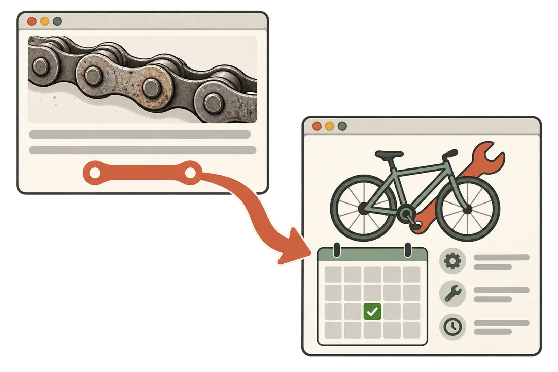 An article about a worn bicycle chain links to current repair and booking information.