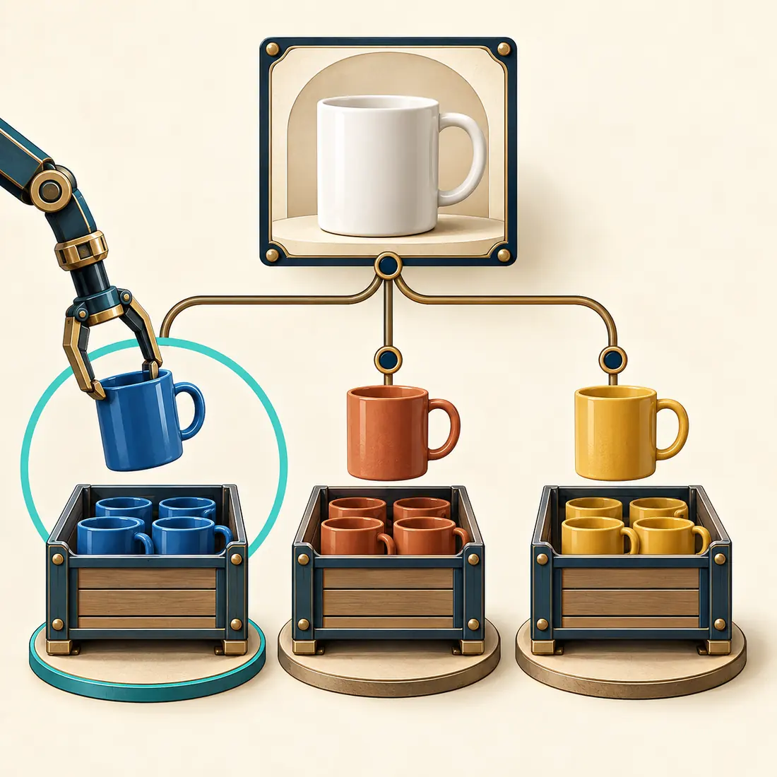 Uma caneca de cerâmica ramifica-se em variações azul, terracota e amarela. Uma pinça robótica seleciona a variação azul.