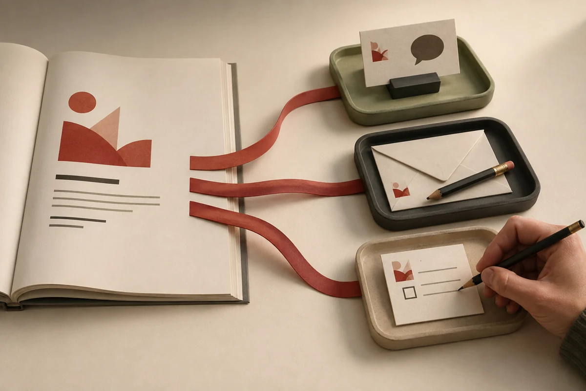 An article sends three ribbons to a social card, newsletter envelope and task card, with a pencil at the receiving end.